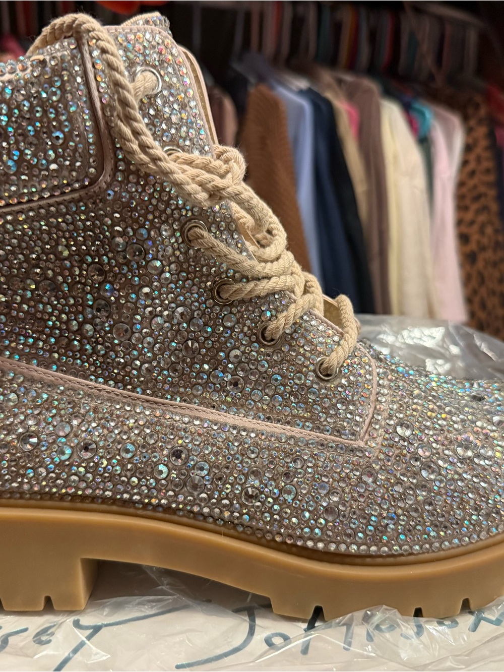 Betsey Johnson Beige Rhinestone Lace-Up Combat Boots